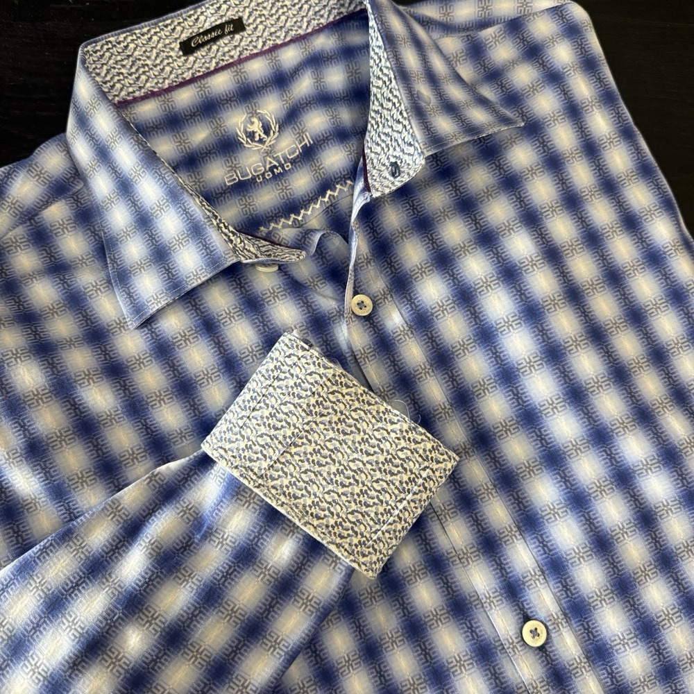Bugatchi Dress Shirt Mens 2XL‎ Blue Bold Plaid Flip Cuff Button Classic Fit